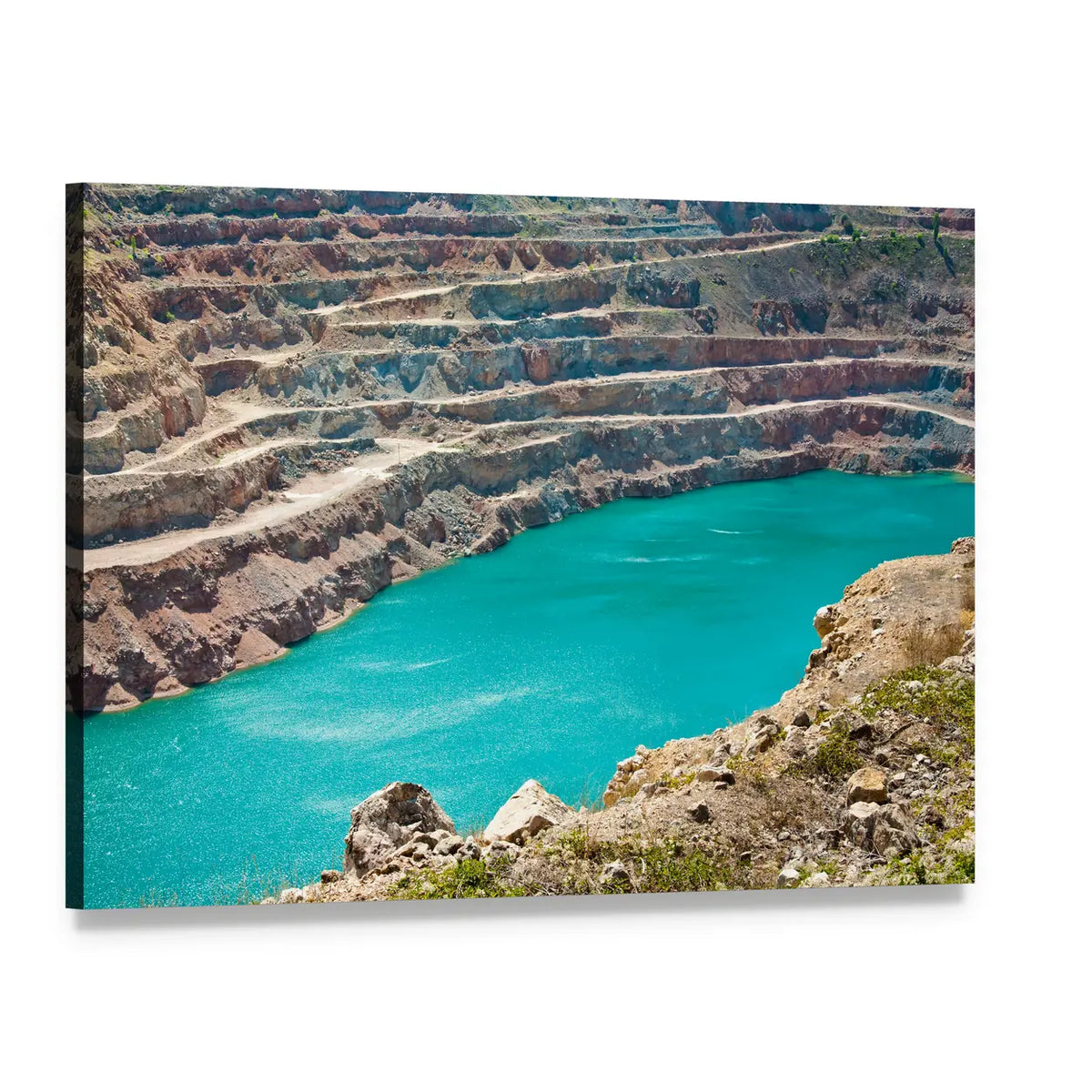 Quarry with Turquoise Lake Canvas Wall Art, single panel gallery wrapped canvas, angled product view