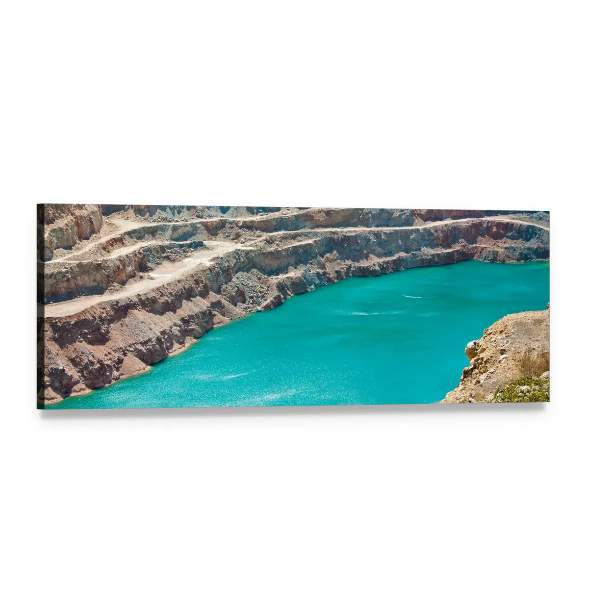 Open Pit Mine with Turquoise Lake Panoramic Canvas Wall Art, single panel gallery wrapped canvas, angled product view