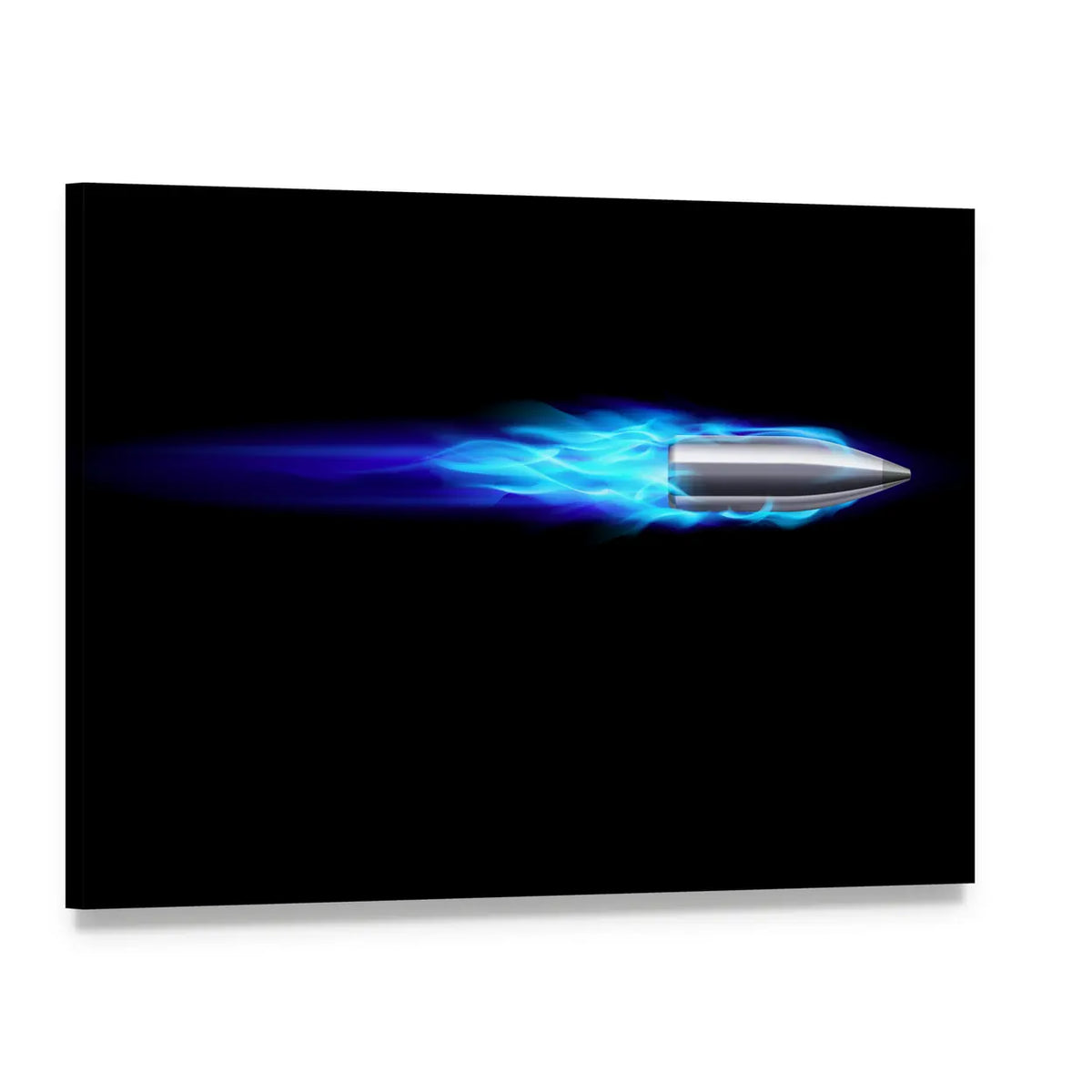 Blue Bullet with Fiery Trail Canvas Wall Art, single panel gallery wrapped canvas, angled product view