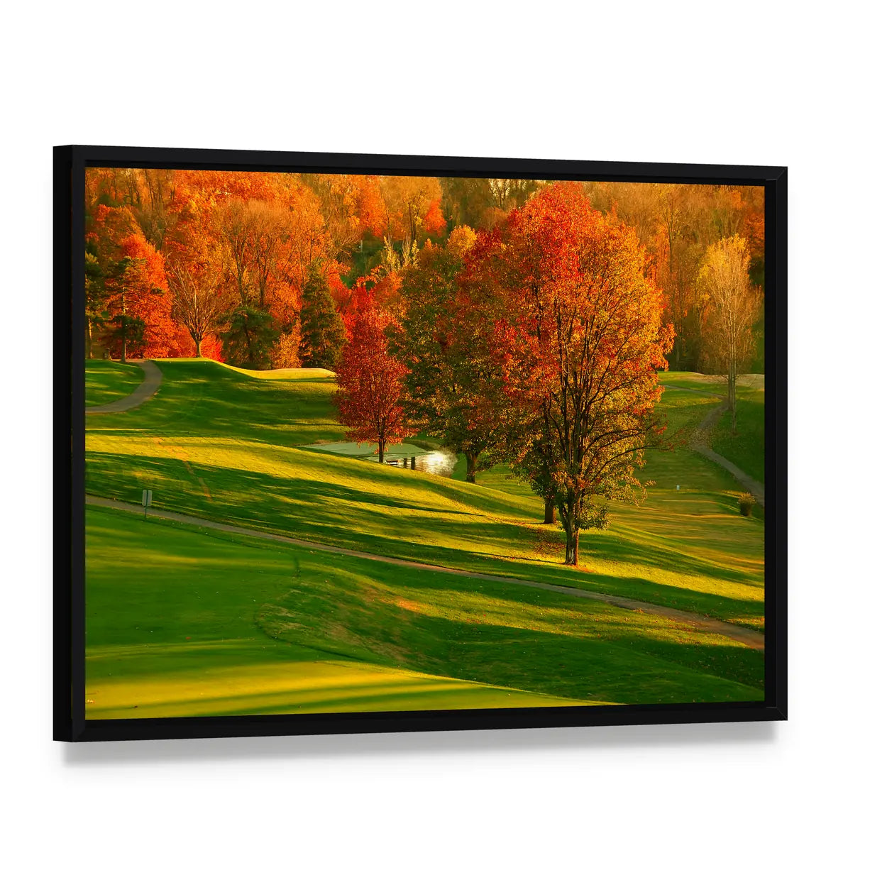 Sunset At The Golf Course Canvas Wall Art, framed canvas in a black floater frame, angled product view