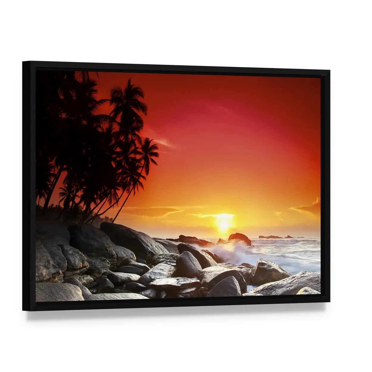 Sunset Over Sea Beach In Sri Lanka Canvas Wall Art, framed canvas in a black floater frame, angled product view