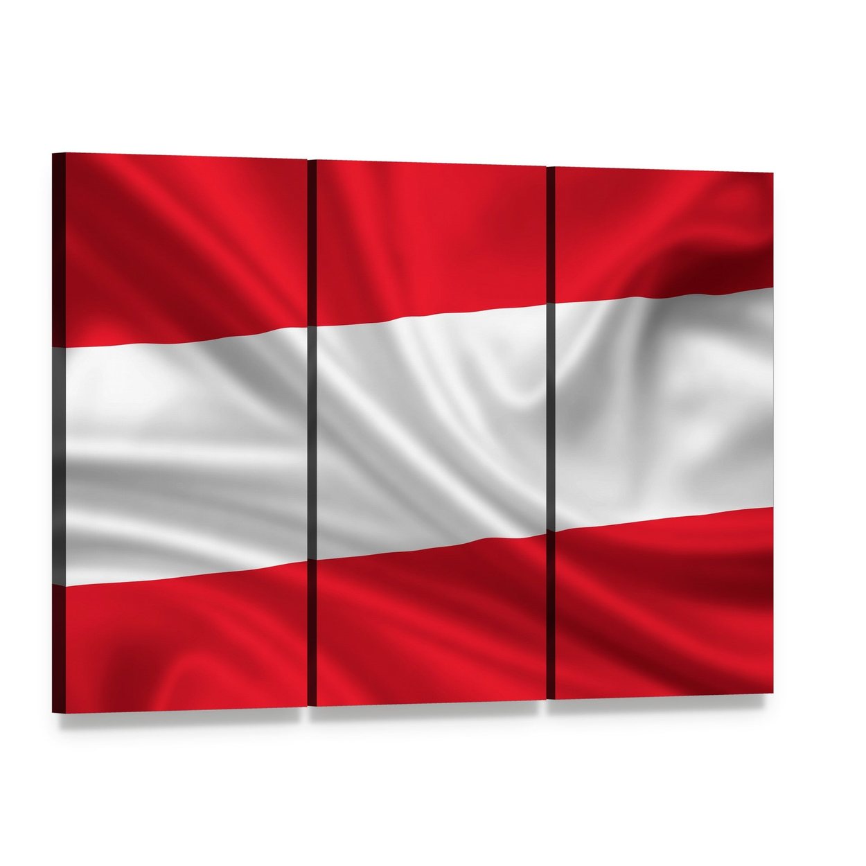 Red and White Waving Austrian Flag Canvas Wall Art, 3 panel 3 Horizontal layout gallery wrapped canvas set, angled product view