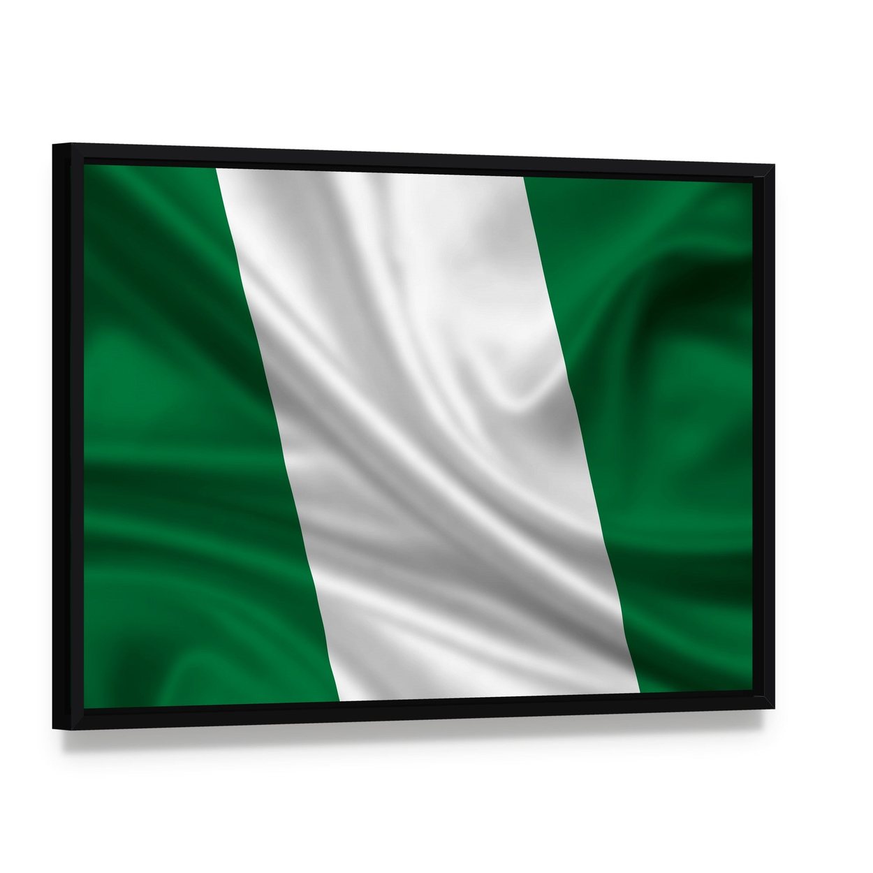 Waving Flag of Nigeria Canvas Wall Art, framed canvas in a black floater frame, angled product view
