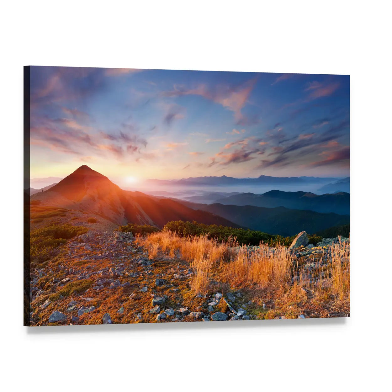 Autumn Sunrise Over Mountains Canvas Wall Art, single panel gallery wrapped canvas, angled product view