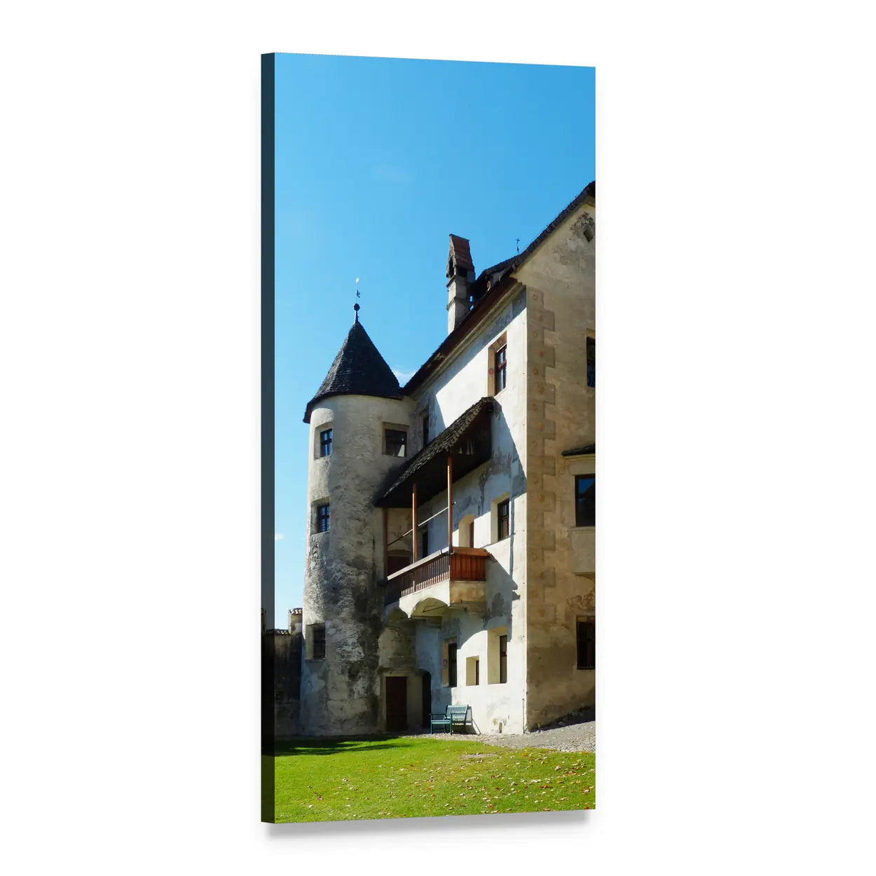 Stone Castle with Wooden Balcony Vertical Canvas Wall Art, 1 panel 1 Vertical layout gallery wrapped canvas set, angled product view