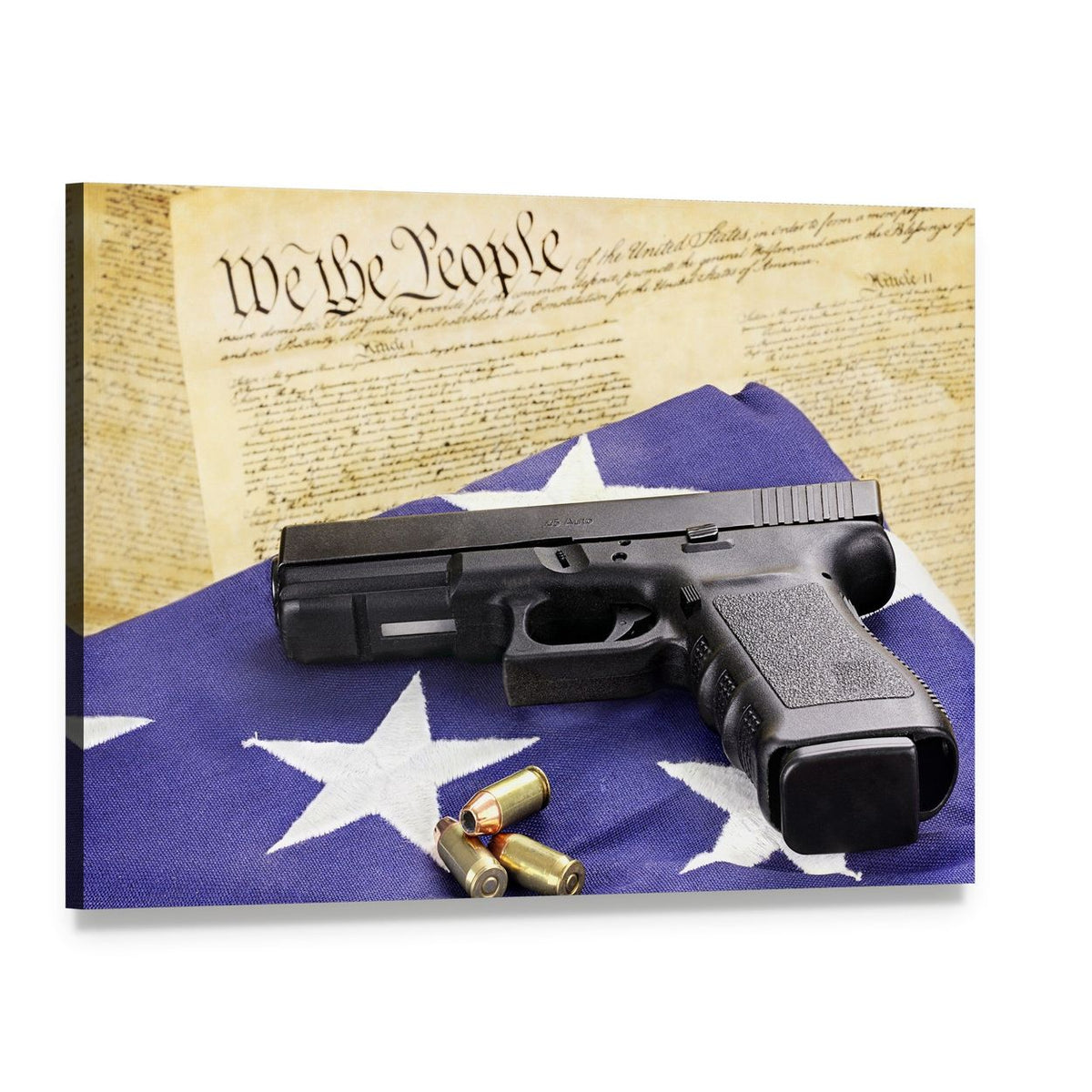 Gun on Folded Flag Canvas Wall Art, single panel gallery wrapped canvas, angled product view