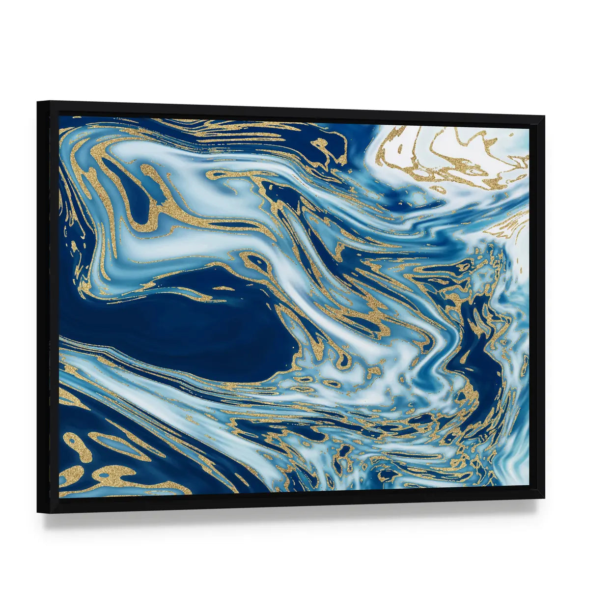 Liquid Marble with Gold Veins Canvas Wall Art, framed canvas in a black floater frame, angled product view
