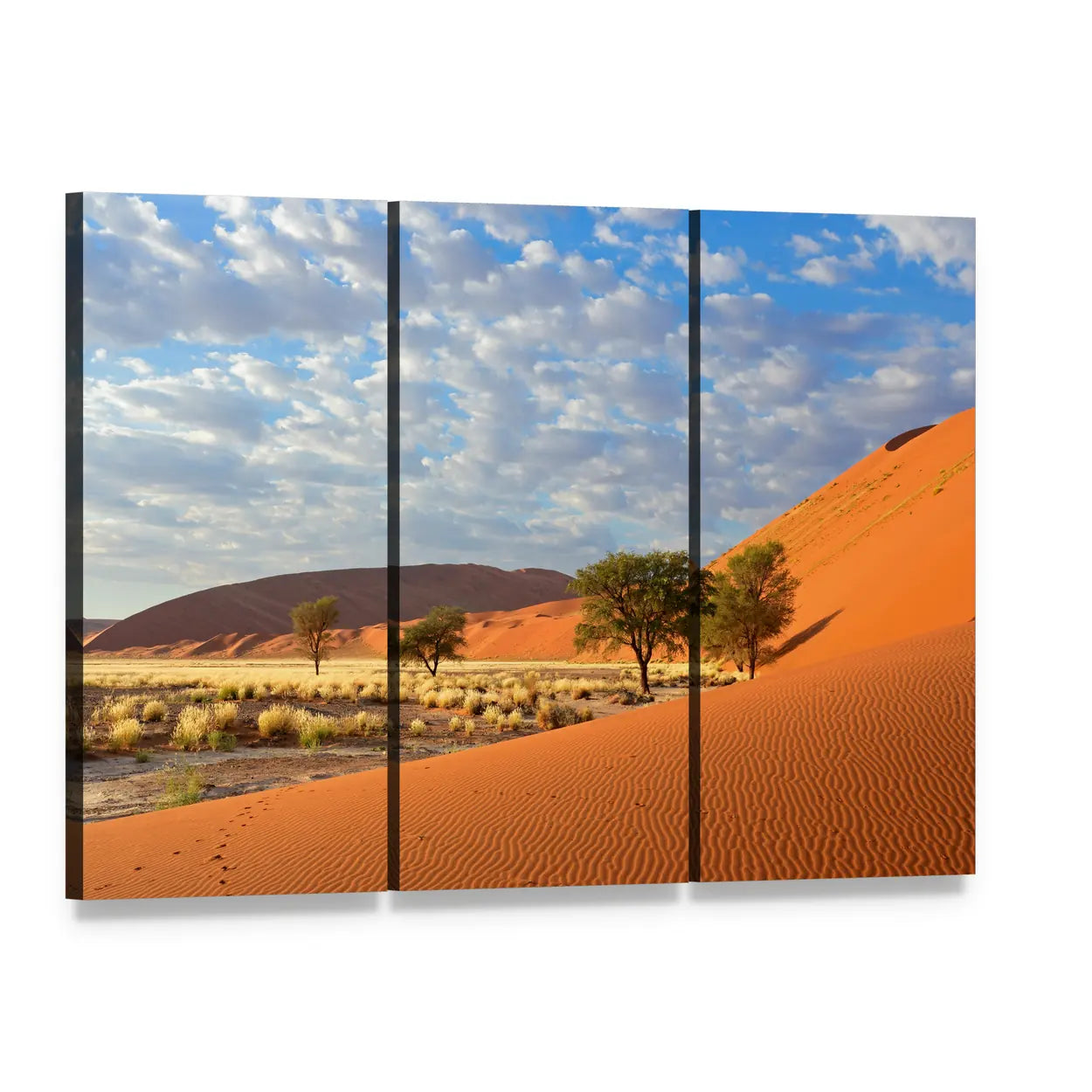 Sossusvlei Sand Dunes, Namibia Canvas Wall Art, 3 panel 3 Horizontal layout gallery wrapped canvas set, angled product view