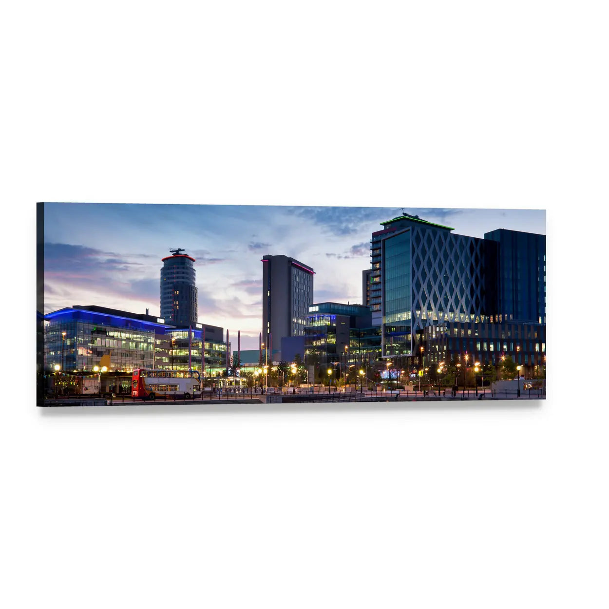 Media City Salford Quays Skyline Panoramic Canvas Wall Art, single panel gallery wrapped canvas, angled product view