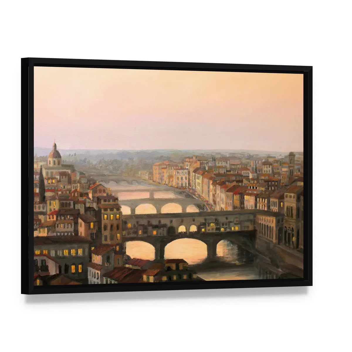 Sunset Over Florence Canvas Wall Art, framed canvas in a black floater frame, angled product view