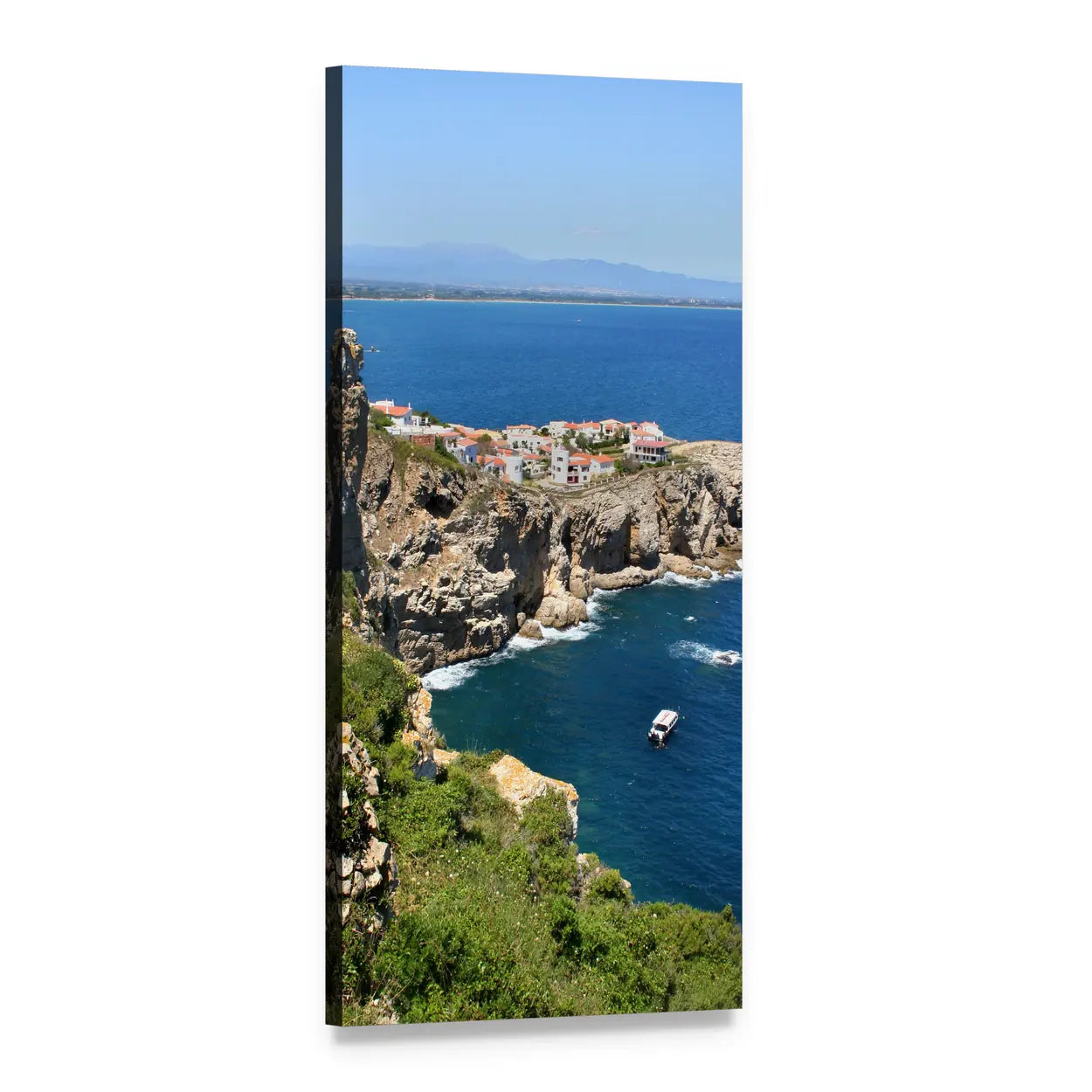 Coastal Village with Red Roofs and Boat Vertical Canvas Wall Art, 1 panel 1 Vertical layout gallery wrapped canvas set, angled product view