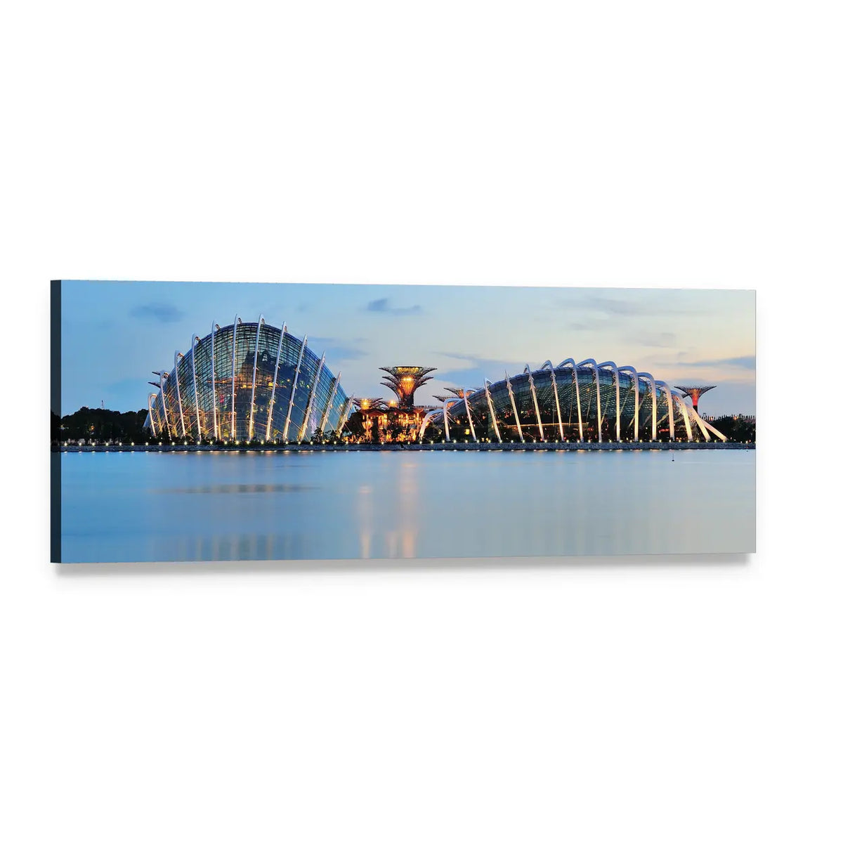 Gardens by the Bay Domes at Twilight Panoramic Canvas Wall Art, single panel gallery wrapped canvas, angled product view