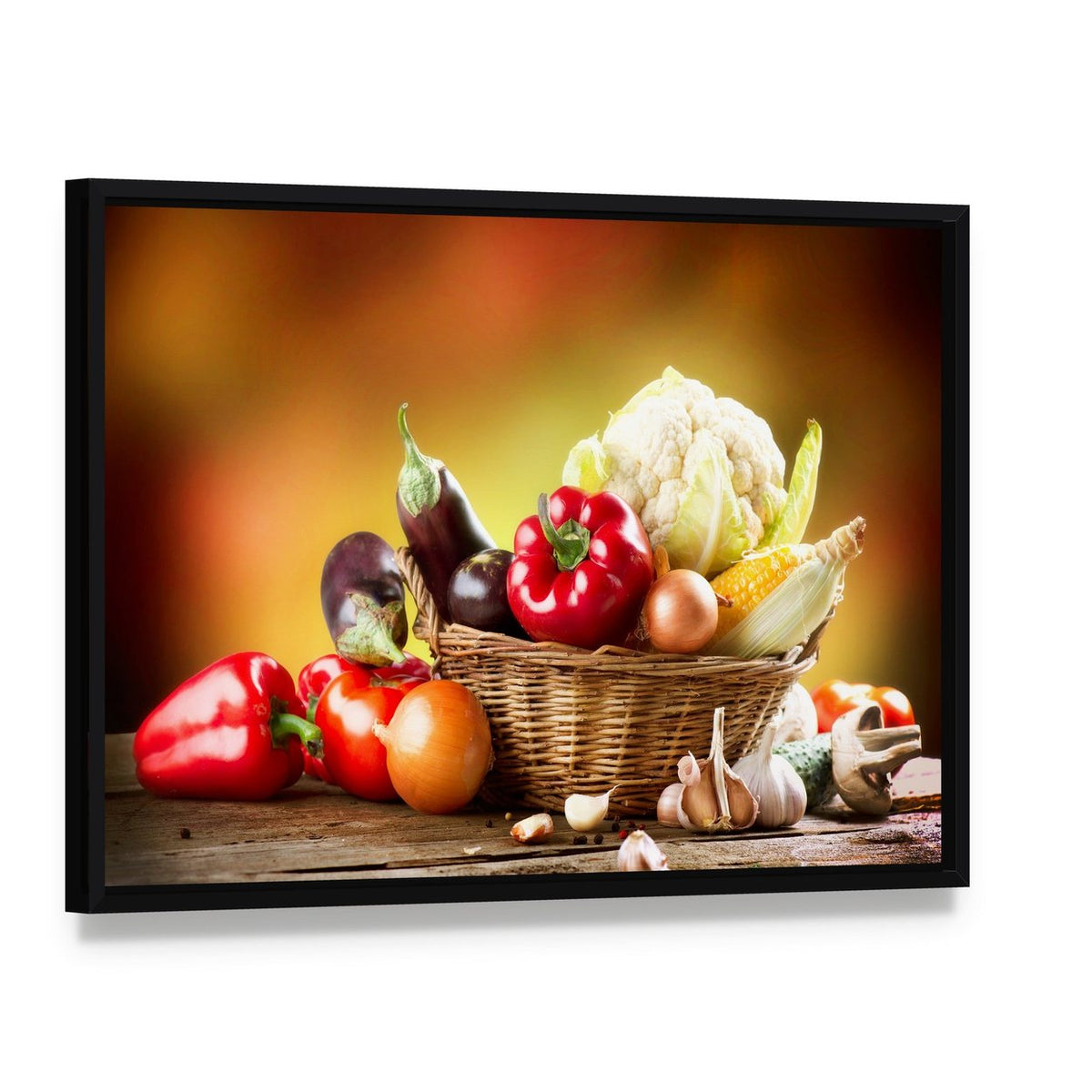 Healthy Organic Vegetables Canvas Wall Art, framed canvas in a black floater frame, angled product view