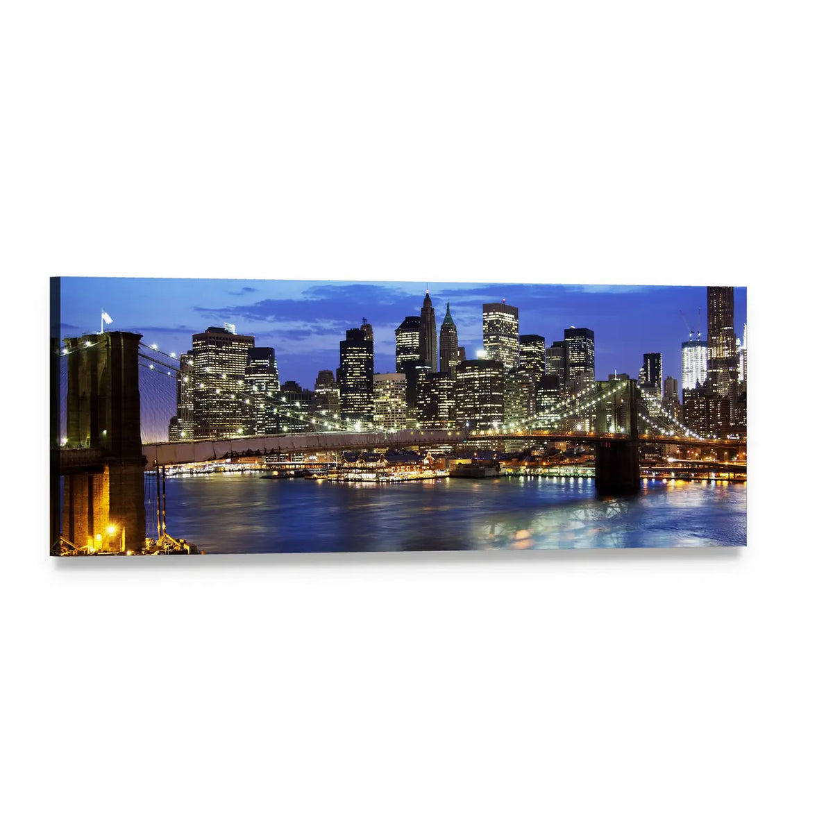 Brooklyn Bridge at Night Panoramic Canvas Wall Art, single panel gallery wrapped canvas, angled product view