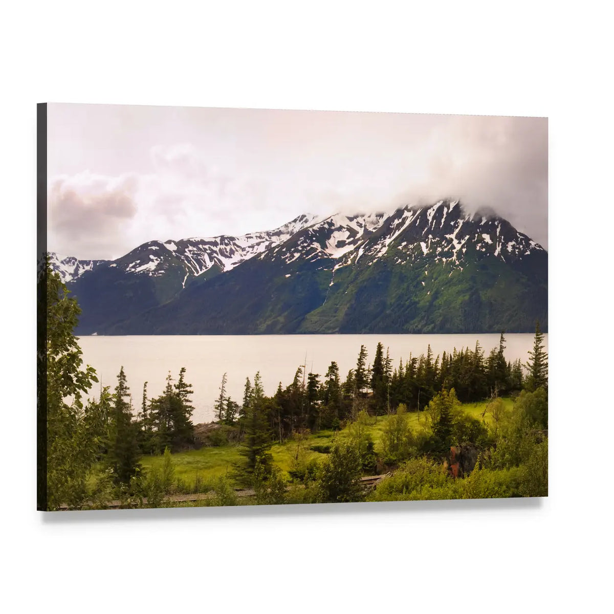 Mountain Lake In Alaska Canvas Wall Art, single panel gallery wrapped canvas, angled product view