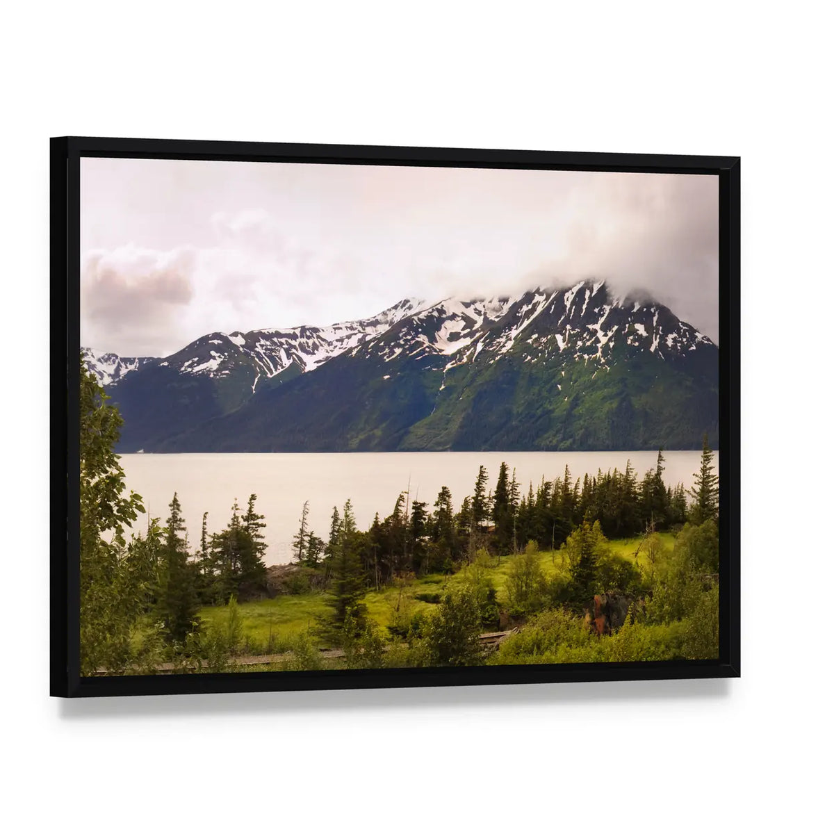 Mountain Lake In Alaska Canvas Wall Art, framed canvas in a black floater frame, angled product view