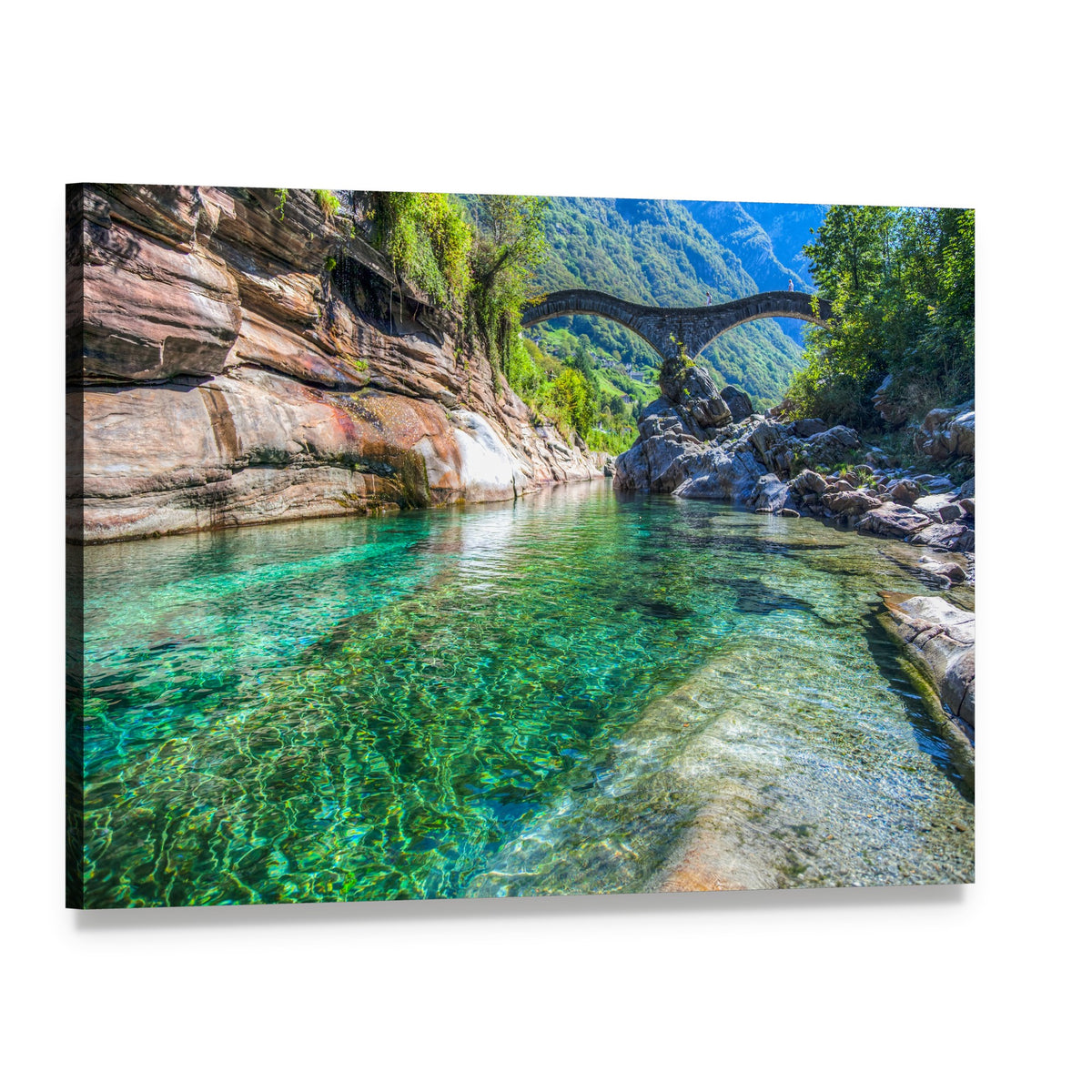 Double Arched Verzasca Canvas Wall Art, single panel gallery wrapped canvas, angled product view