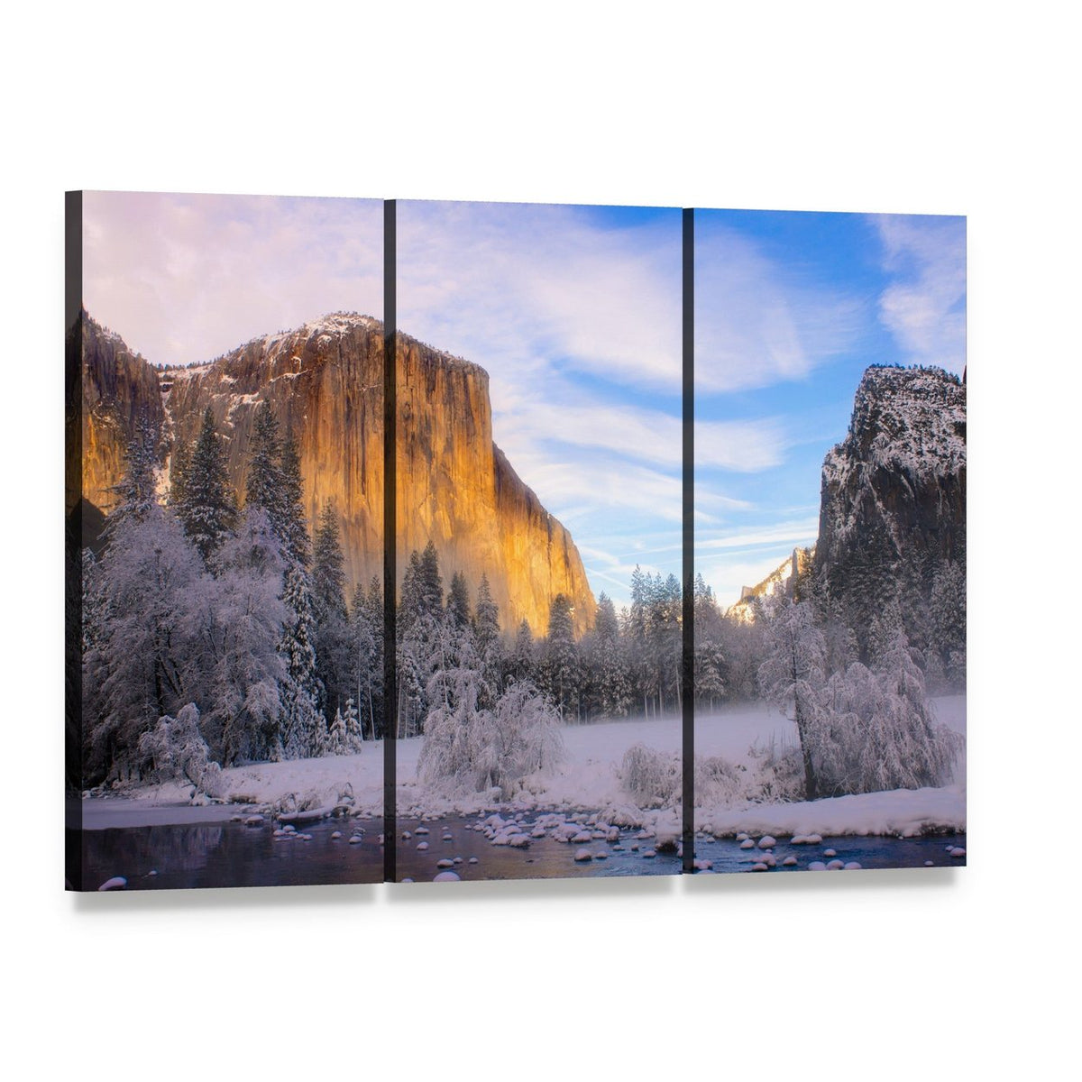 Winter Evening in Yosemite Valley Canvas Wall Art, 3 panel 3 Horizontal layout gallery wrapped canvas set, angled product view