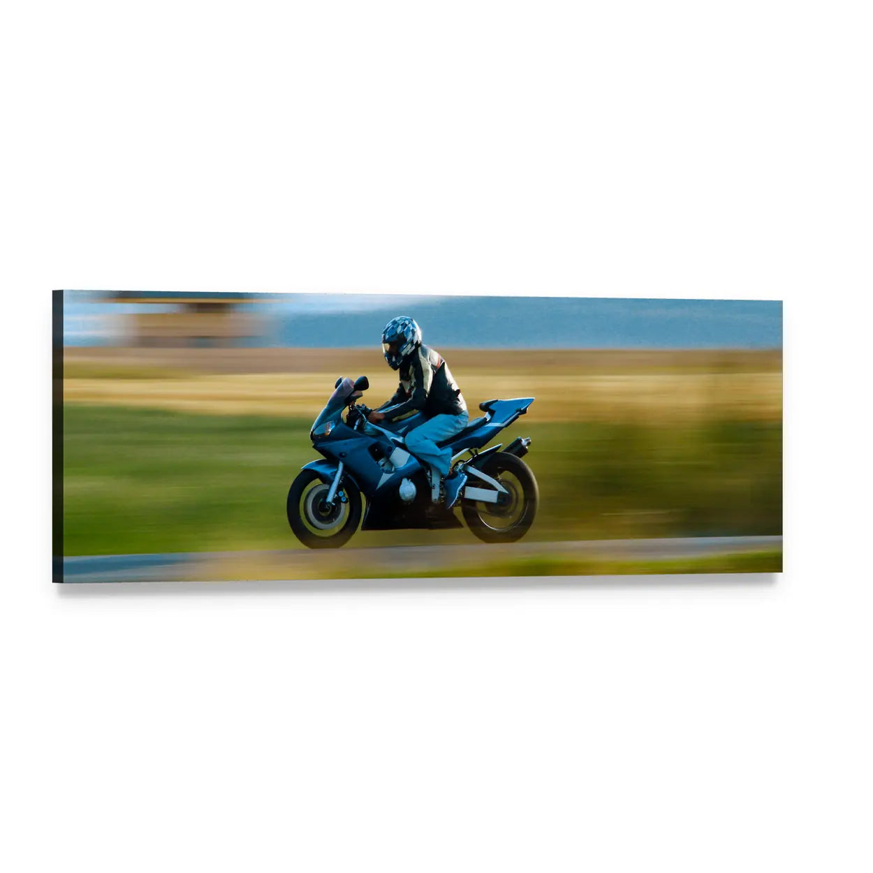 Motorcyclist on Blue Sportbike at Speed Panoramic Canvas Wall Art, single panel gallery wrapped canvas, angled product view
