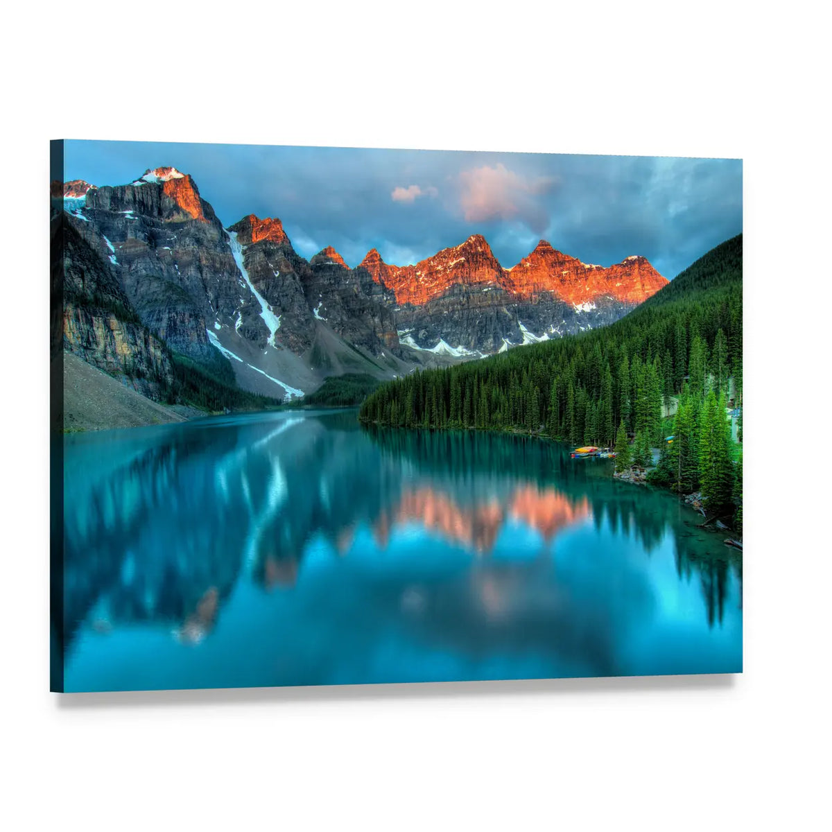 Moraine Lake Sunrise Canvas Wall Art, single panel gallery wrapped canvas, angled product view
