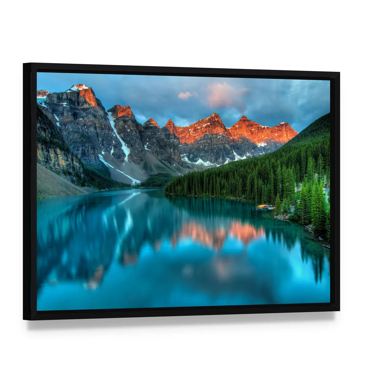 Moraine Lake Sunrise Canvas Wall Art, framed canvas in a black floater frame, angled product view