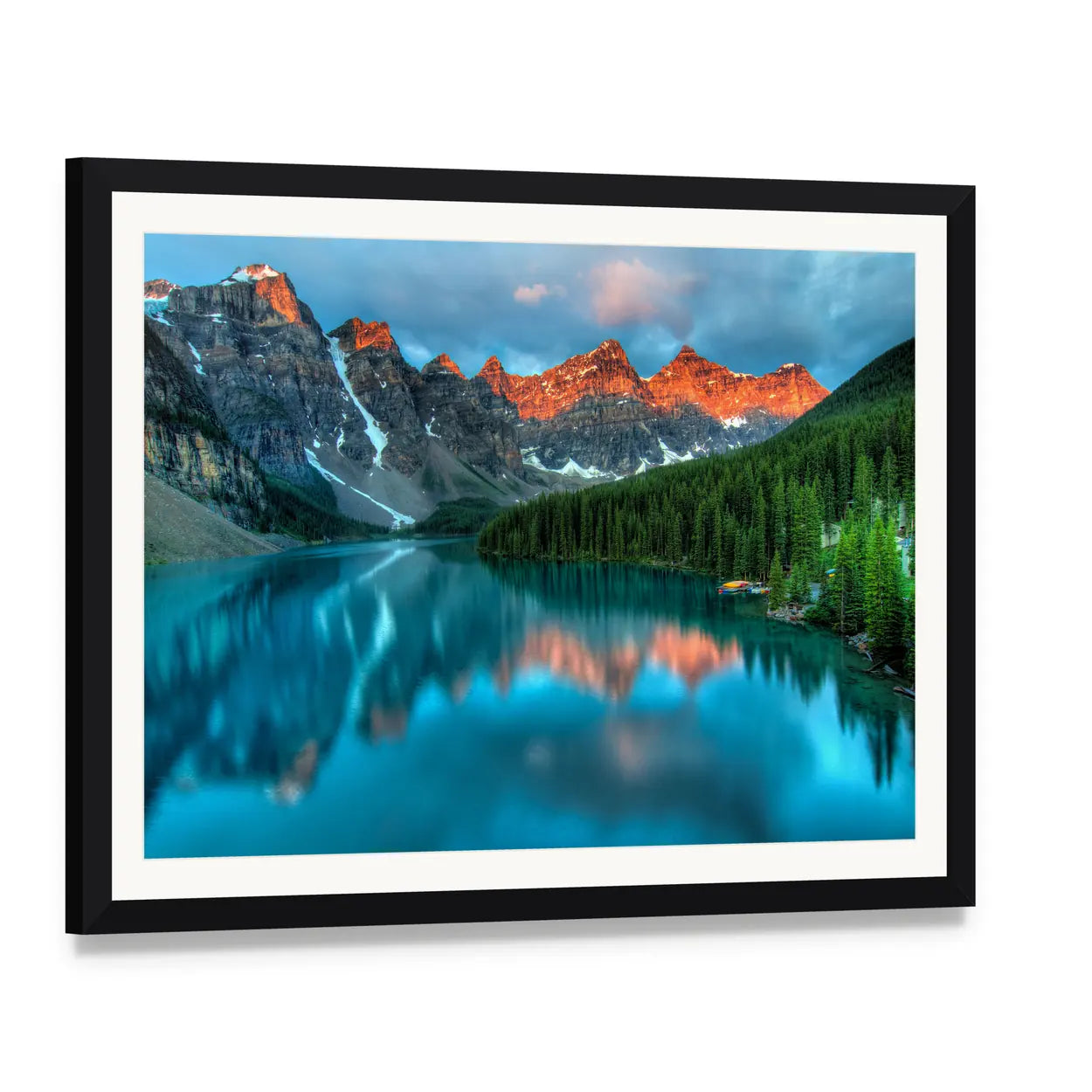 Moraine Lake Sunrise Canvas Wall Art, framed print with white mat and black frame, angled product view