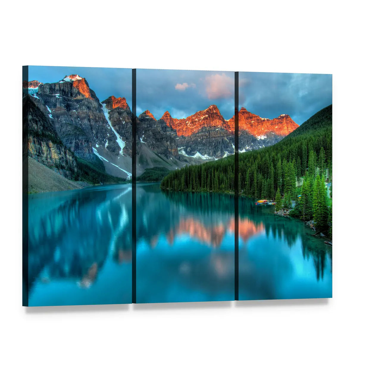 Moraine Lake Sunrise Canvas Wall Art, 3 panel 3 Horizontal layout gallery wrapped canvas set, angled product view