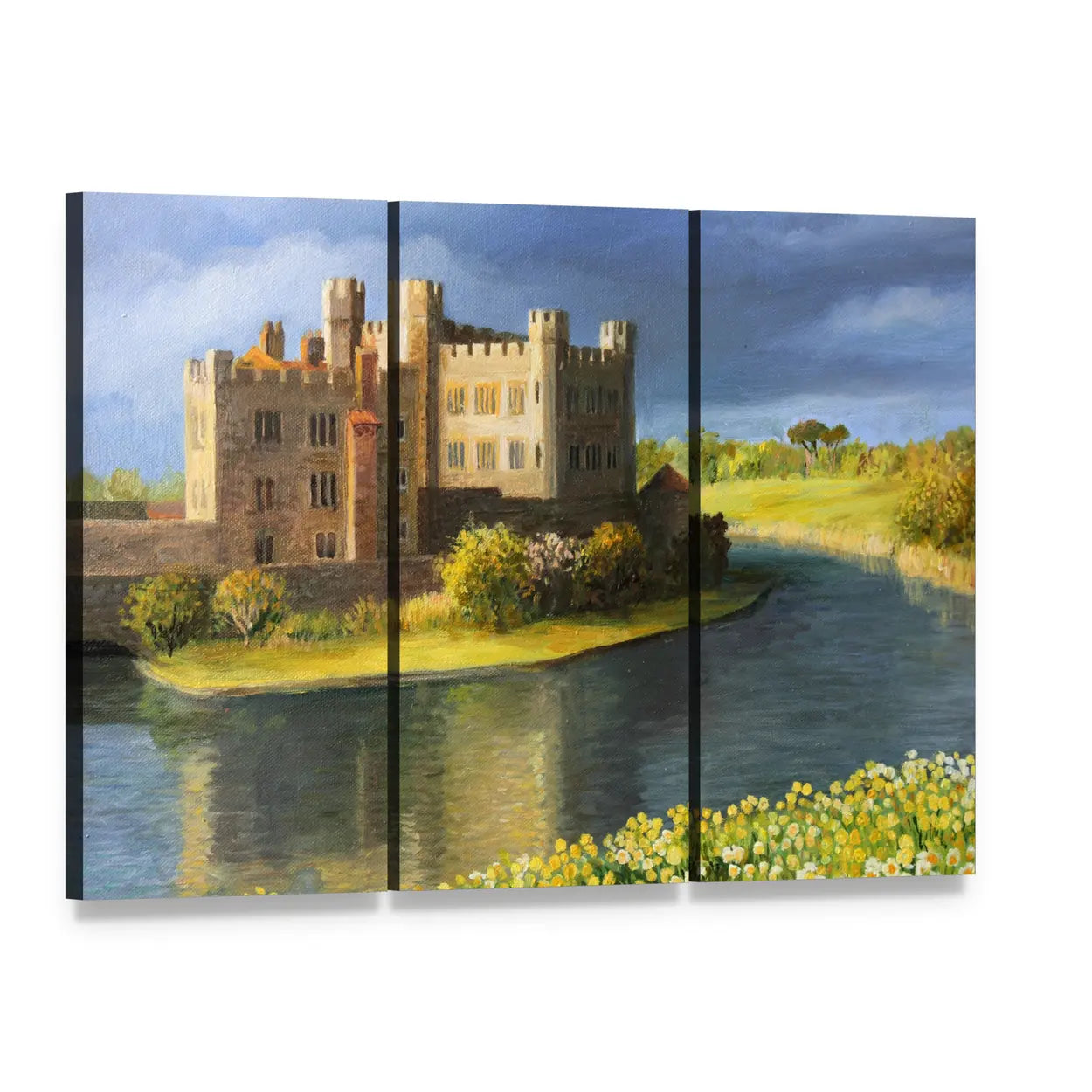 Stone Castle with Moat and Yellow Flowers Canvas Wall Art, 3 panel 3 Horizontal layout gallery wrapped canvas set, angled product view