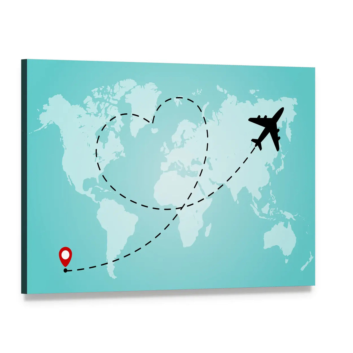 World Map with Airplane and Heart Flight Path Canvas Wall Art, single panel gallery wrapped canvas, angled product view