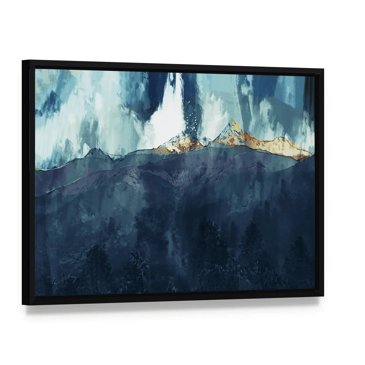 Abstract Mountain Range at Golden Dusk Canvas Wall Art, framed canvas in a black floater frame, angled product view