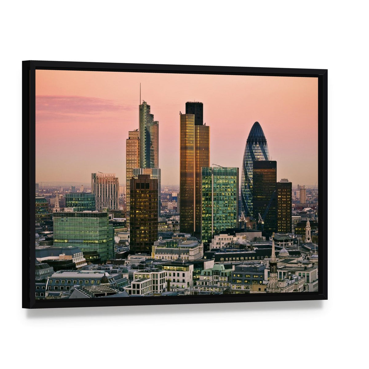 Skyline of London Canvas Wall Art, framed canvas in a black floater frame, angled product view