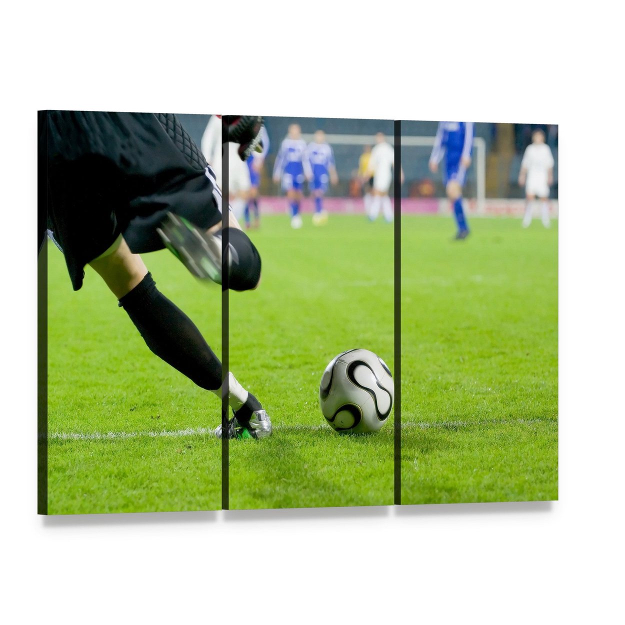 Football Goalkeeper Kick the Ball Canvas Wall Art, 3 panel 3 Horizontal layout gallery wrapped canvas set, angled product view