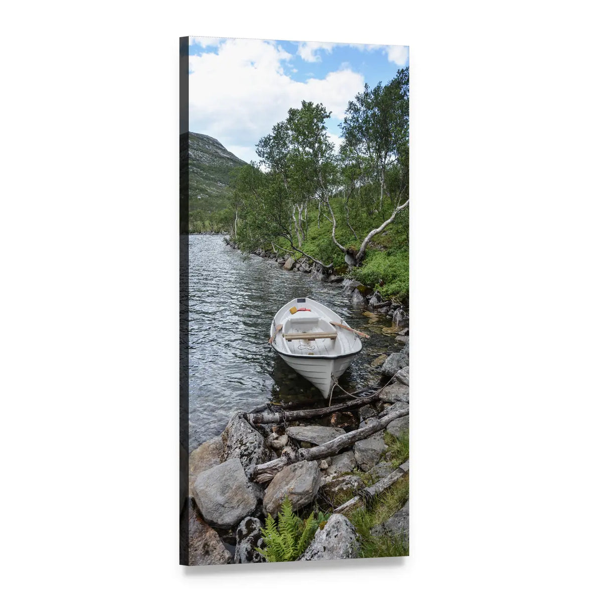 White Rowboat on Rocky Lake Shore Vertical Canvas Wall Art, 1 panel 1 Vertical layout gallery wrapped canvas set, angled product view