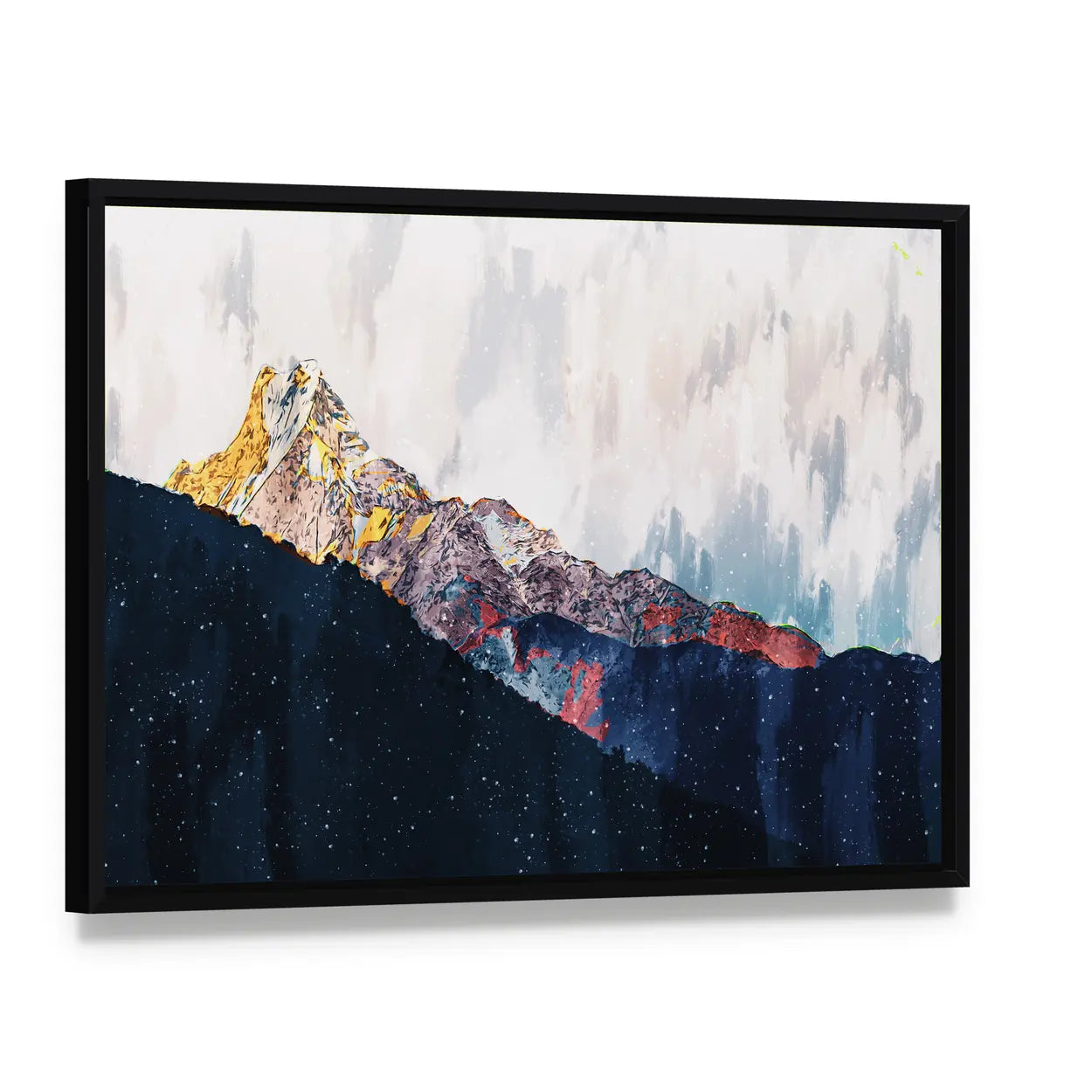Colorful Abstract Mountain Range Canvas Wall Art, framed canvas in a black floater frame, angled product view