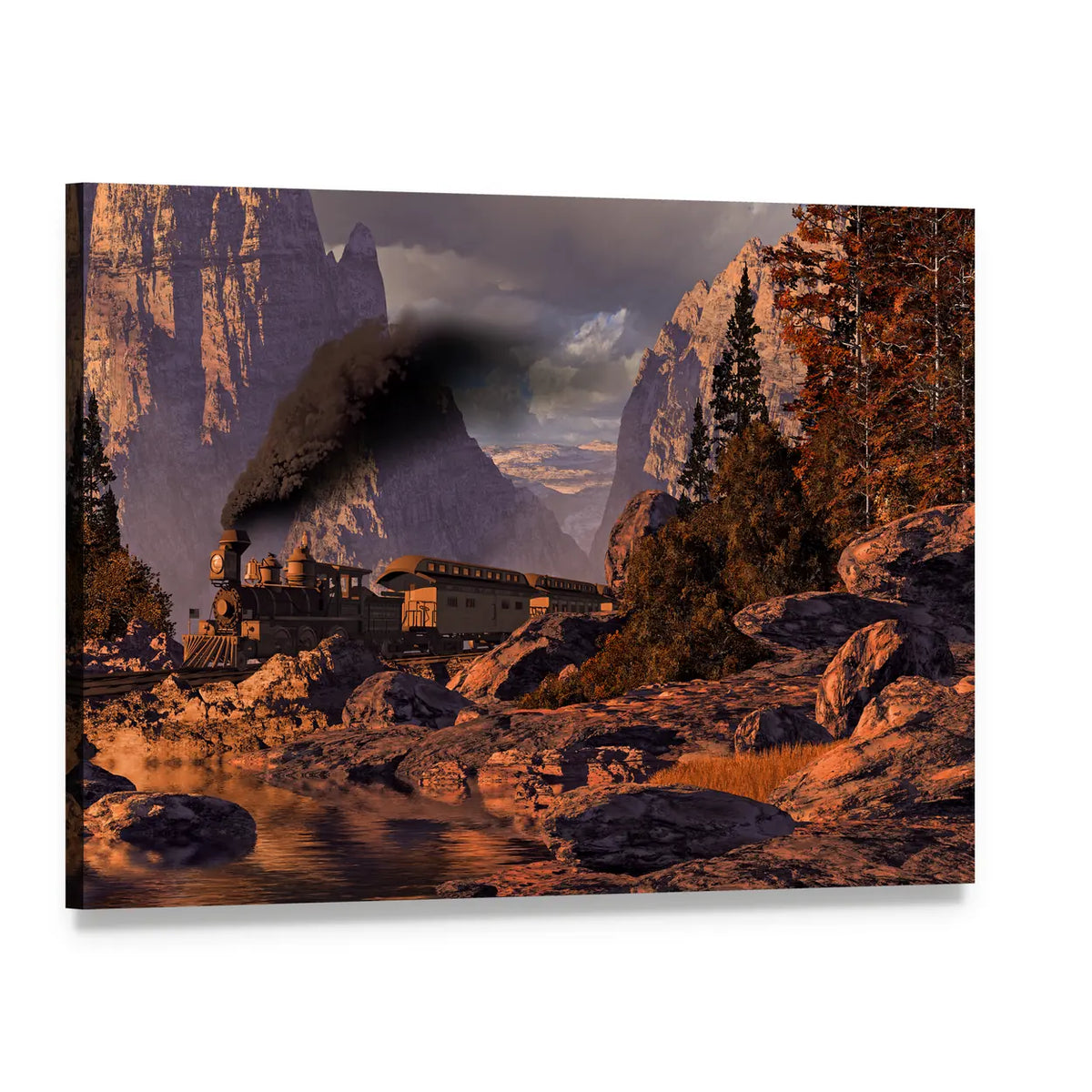 Old West Steam Locomotive at Sunset Canvas Wall Art, single panel gallery wrapped canvas, angled product view