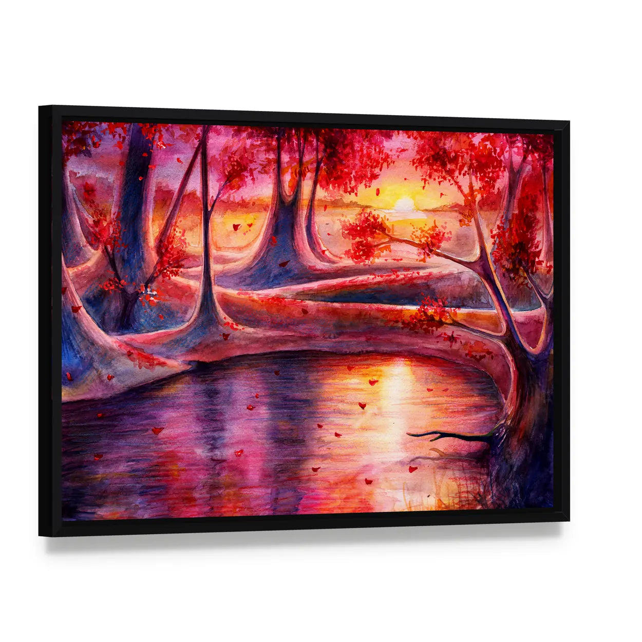 Autumn Lake Forest Watercolor Canvas Wall Art, framed canvas in a black floater frame, angled product view