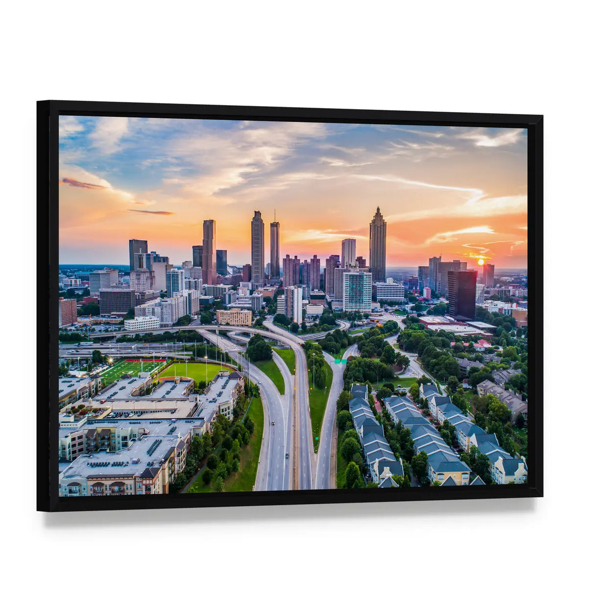 Atlanta In Georgia Skyline Canvas Wall Art, framed canvas in a black floater frame, angled product view
