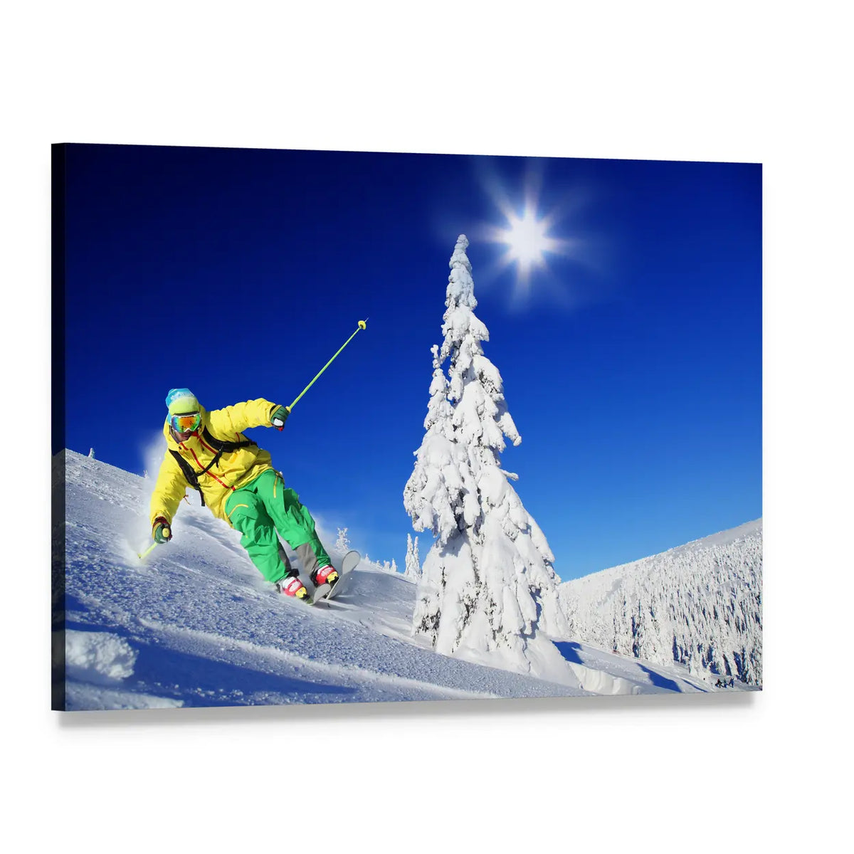 Yellow-jacket Skier on Snowy Mountain Slope Canvas Wall Art, single panel gallery wrapped canvas, angled product view