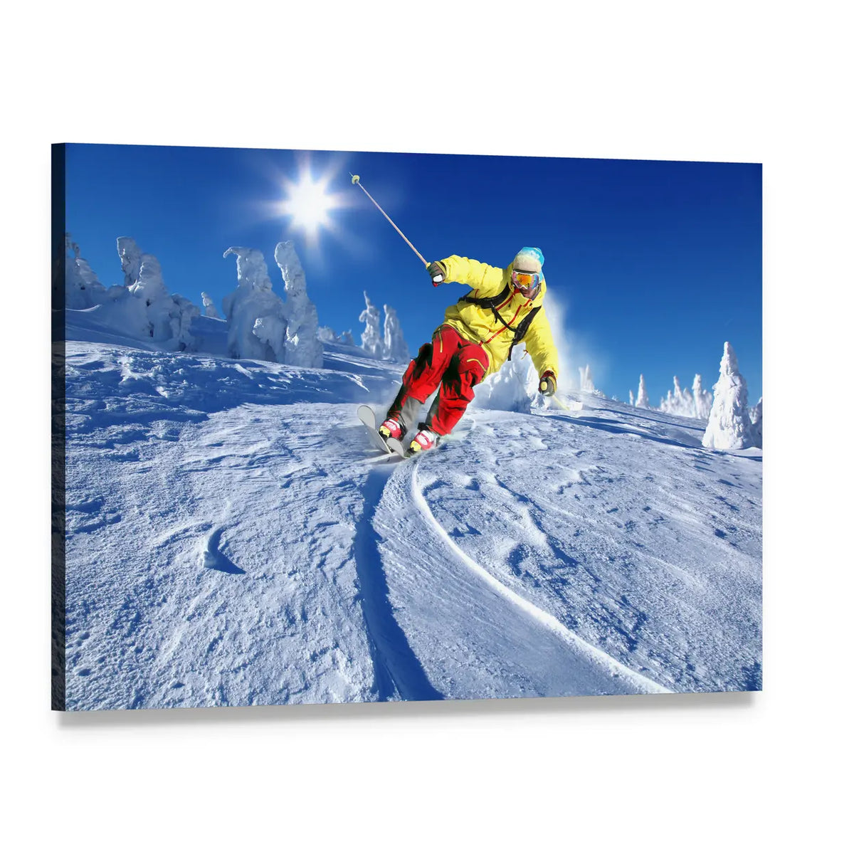 Downhill Skier in Yellow Jacket and Red Pants Canvas Wall Art, single panel gallery wrapped canvas, angled product view