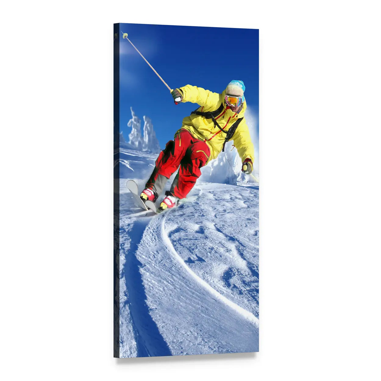 Downhill Skier in Yellow Jacket Vertical Canvas Wall Art, 1 panel 1 Vertical layout gallery wrapped canvas set, angled product view