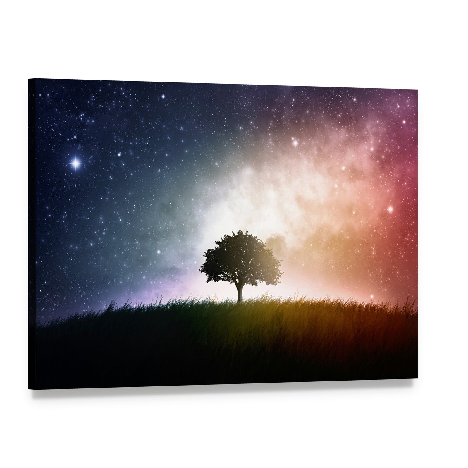 Star and Galaxies Behind the Tree Canvas Wall Art, single panel gallery wrapped canvas, angled product view