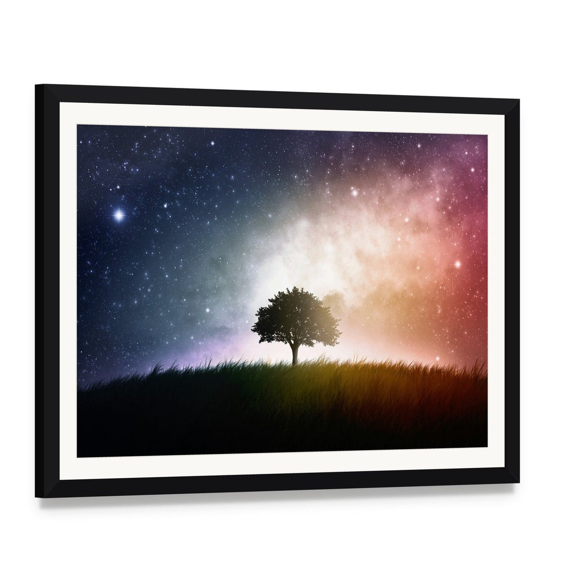 Star and Galaxies Behind the Tree Canvas Wall Art, framed print with white mat and black frame, angled product view