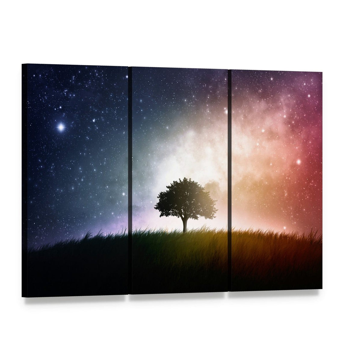 Star and Galaxies Behind the Tree Canvas Wall Art, 3 panel 3 Horizontal layout gallery wrapped canvas set, angled product view