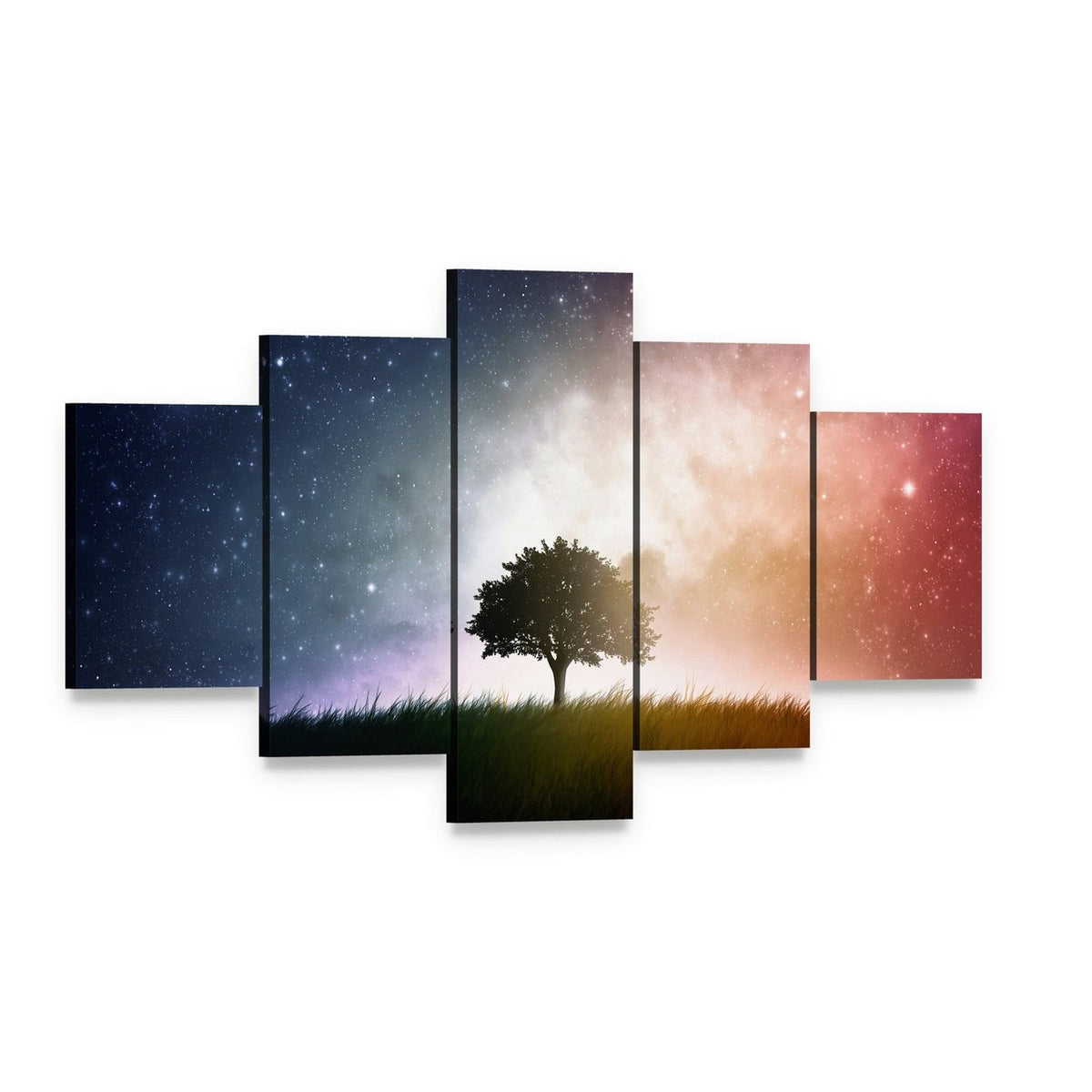 Star and Galaxies Behind the Tree Canvas Wall Art, 5 panel 5 Star layout gallery wrapped canvas set, angled product view