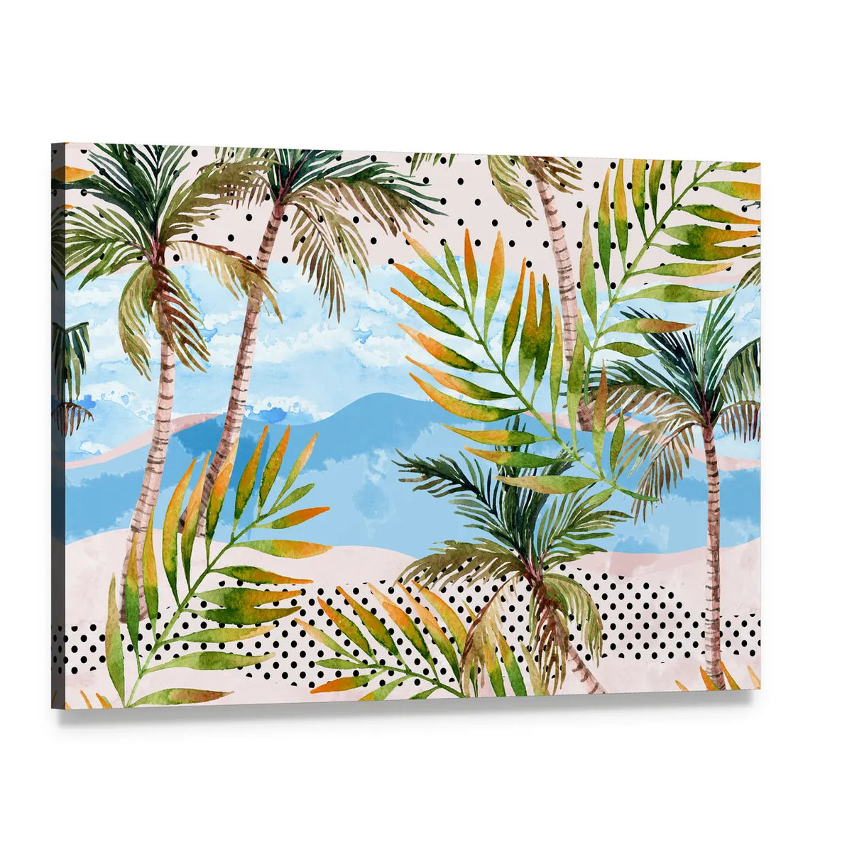 Summer Beach Abstract with Palms Canvas Wall Art, single panel gallery wrapped canvas, angled product view