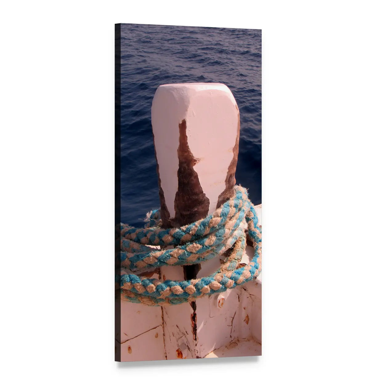 Weathered Mooring Bollard with Rope Vertical Canvas Wall Art, 1 panel 1 Vertical layout gallery wrapped canvas set, angled product view