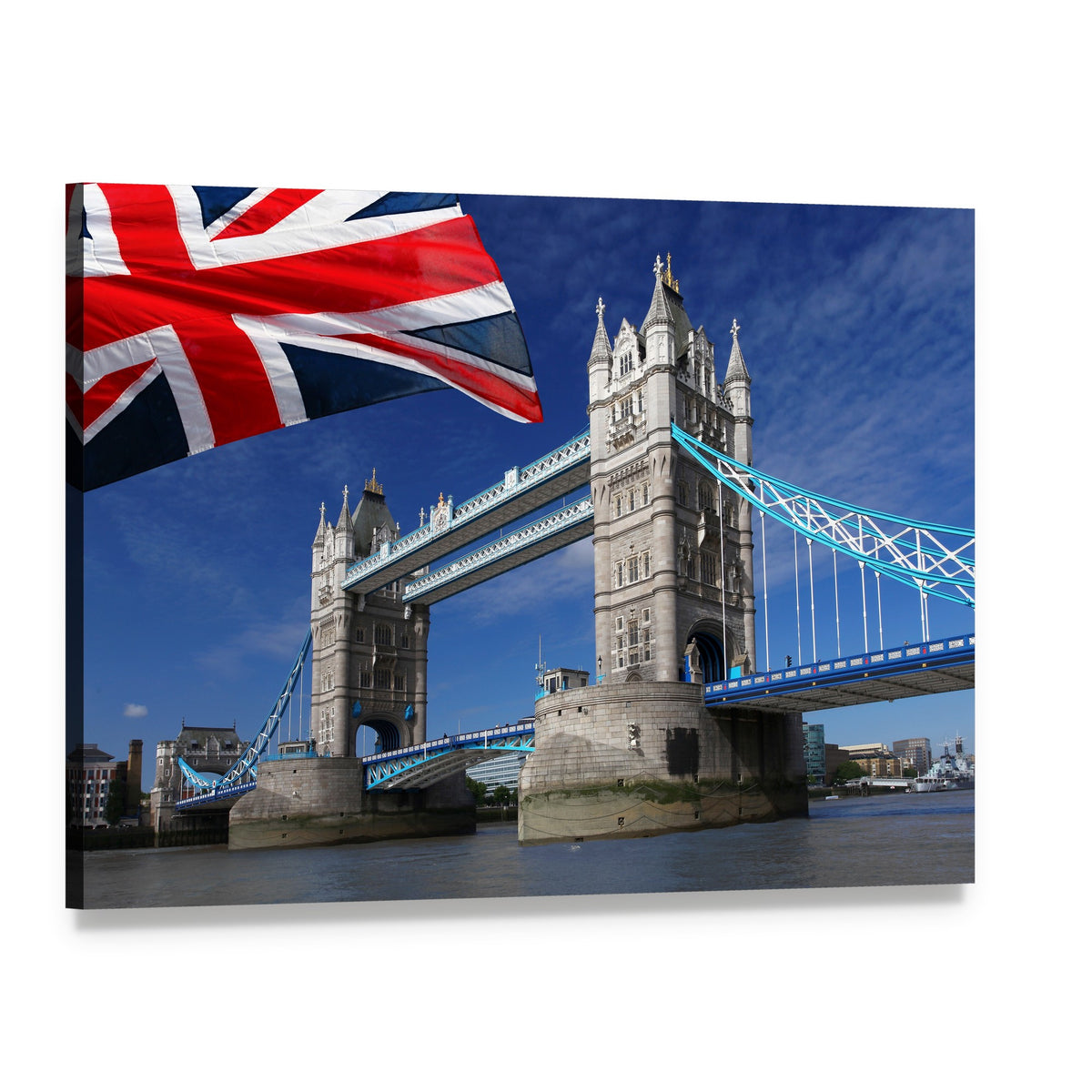 Tower Bridge with Union Jack Flag Canvas Wall Art, single panel gallery wrapped canvas, angled product view