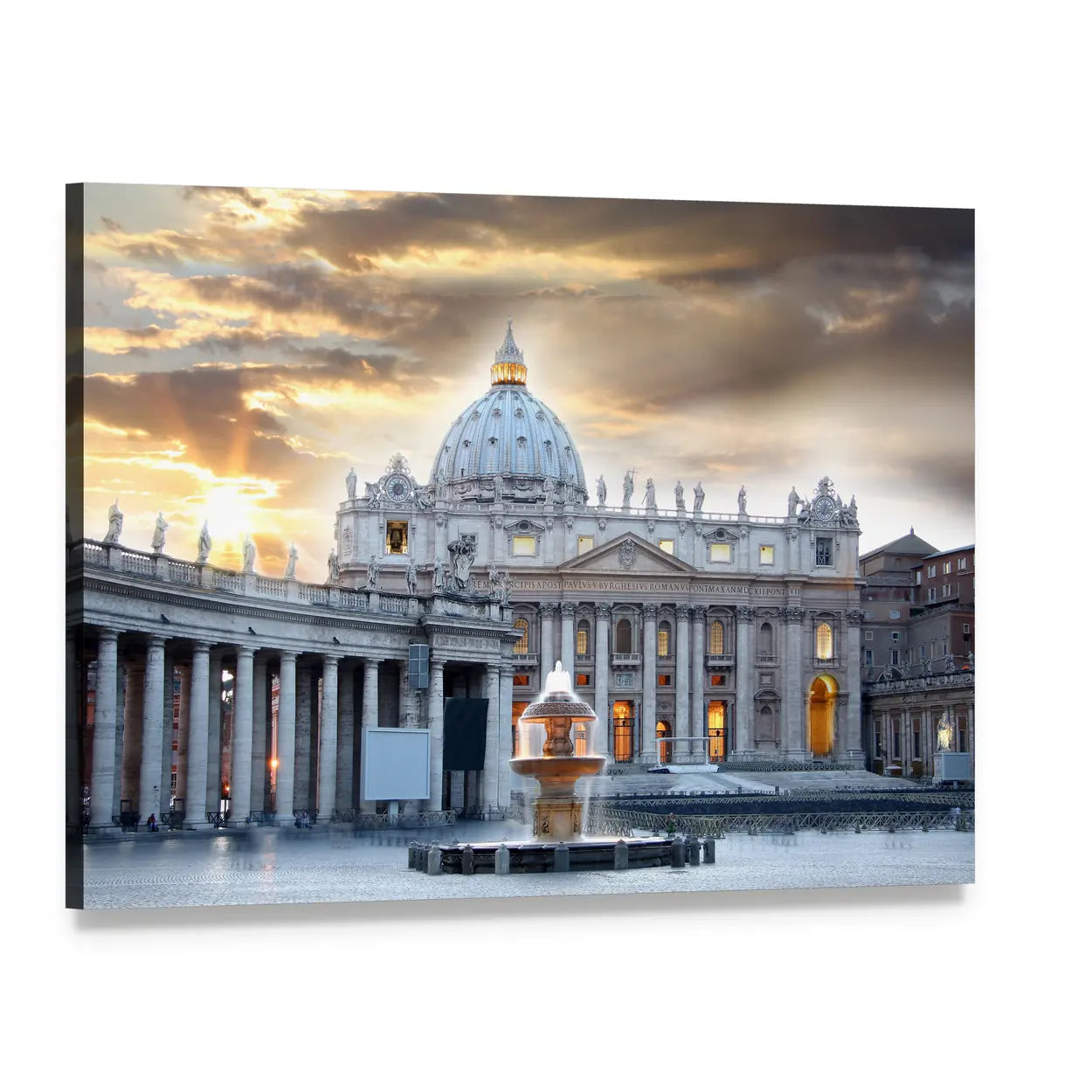 St. Peter's Square with Fountain at Sunset Canvas Wall Art, single panel gallery wrapped canvas, angled product view