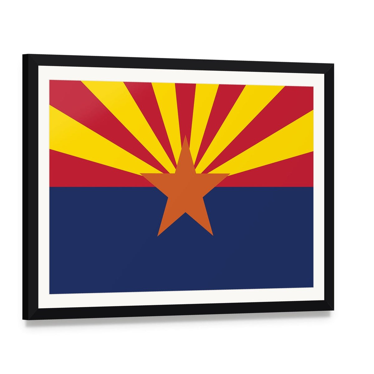 Arizona State Flag Canvas Wall Art, framed print with white mat and black frame, angled product view