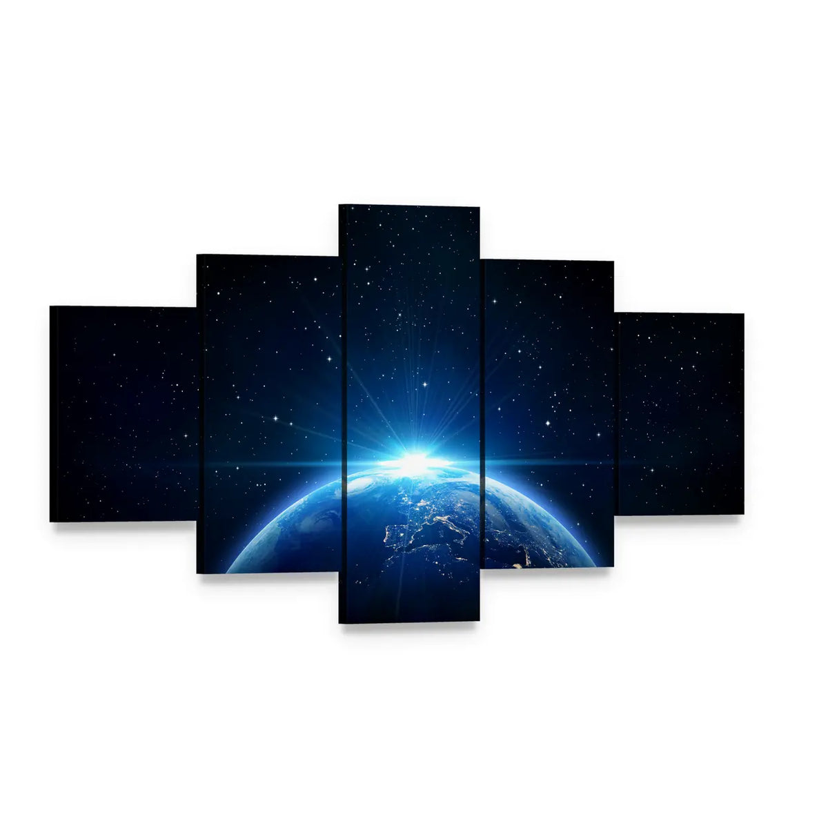 Sunrise Over Earth from Space Canvas Wall Art, 5 panel 5 Star layout gallery wrapped canvas set, angled product view